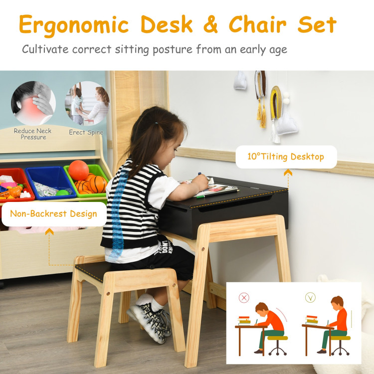 Kids Activity Table and Chair Set with Storage Space for Homeschooling-BlackCostway Gallery View 2 of 9