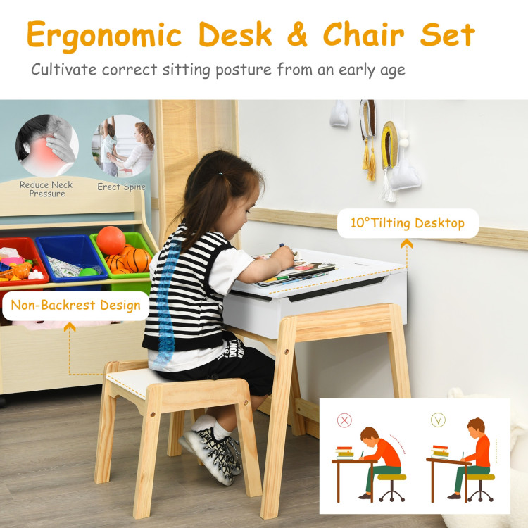 Children Activity Art Study Desk and Chair Set with Large Storage Space for Kids Homeschooling-WhiteCostway Gallery View 2 of 9