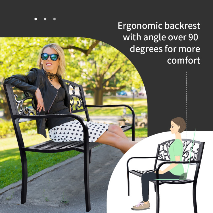 50 Inch Patio Park Steel Frame Cast Iron Backrest Bench Porch ChairCostway Gallery View 9 of 11
