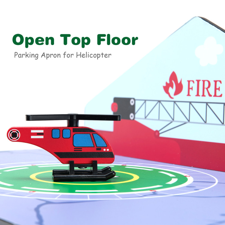 Wooden Fire Station Dollhouse Playset with Truck and HelicopterCostway Gallery View 9 of 10