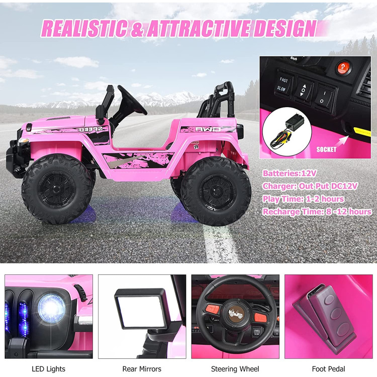 12V Kids Ride-on Jeep Car with 2.4G Remote Control-PinkCostway Gallery View 5 of 7