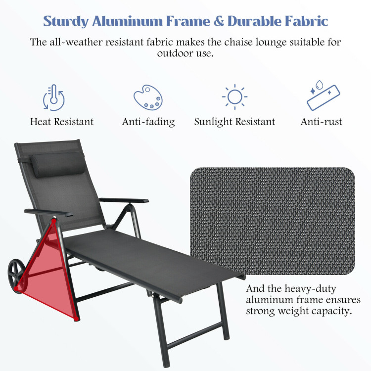 Patio Lounge Chair with Wheels Neck Pillow Aluminum Frame Adjustable-GrayCostway Gallery View 6 of 11
