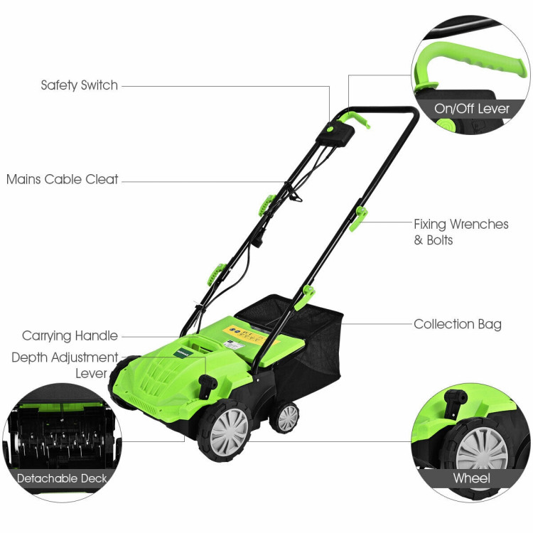 12Amp Corded Scarifier 13” Electric Lawn Dethatcher with 40L Collection Bag -GreenCostway Gallery View 5 of 12