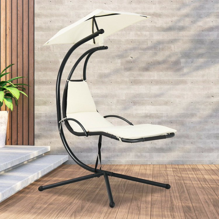 Patio Hanging Hammock Chaise Lounge Chair with Canopy Cushion for Outdoors-BeigeCostway Gallery View 6 of 12