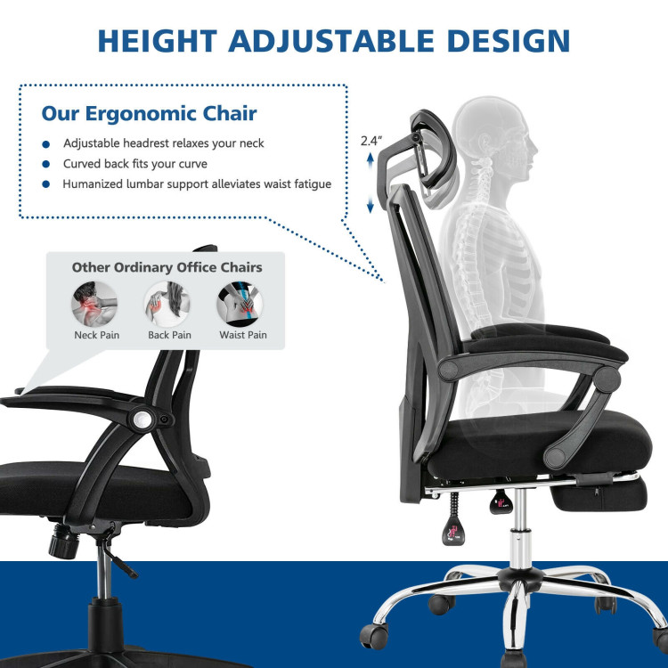 Ergonomic Recliner Mesh Office Chair with Adjustable Footrest-BlackCostway Gallery View 5 of 12