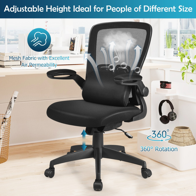 Ergonomic Desk Chair with Lumbar Support and Flip up Armrest-BlackCostway Gallery View 8 of 11