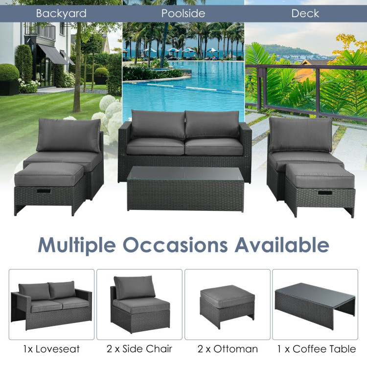 6 Pieces Patio Rattan Furniture Set with Glass Table and Cushioned Seat-GrayCostway Gallery View 11 of 11