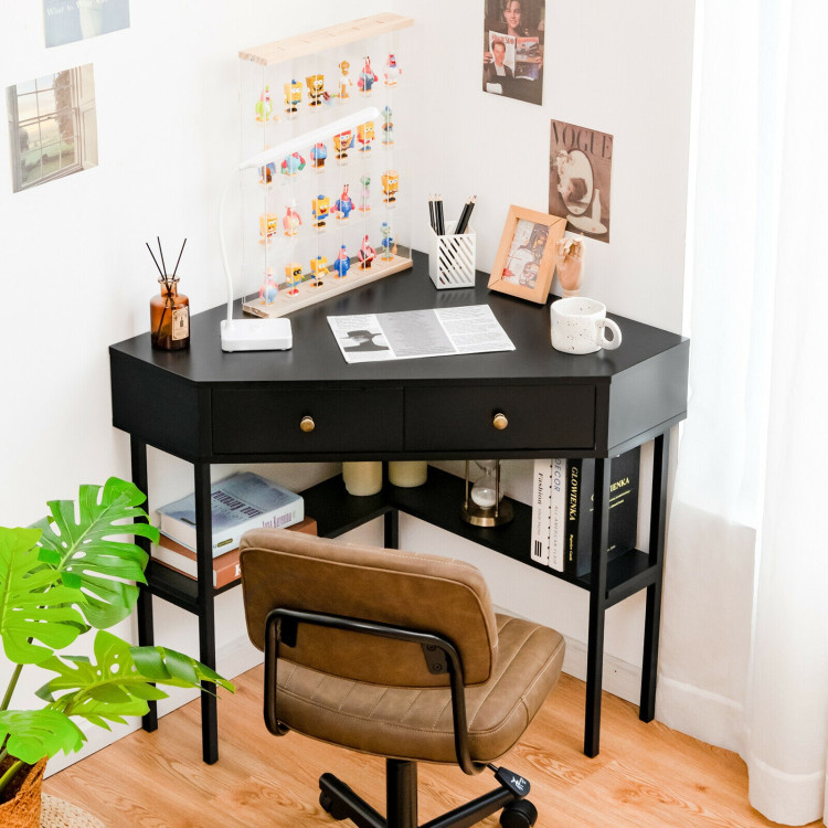 Space Saving Corner Computer Desk with 2 Large Drawers and Storage Shelf-BlackCostway Gallery View 7 of 12