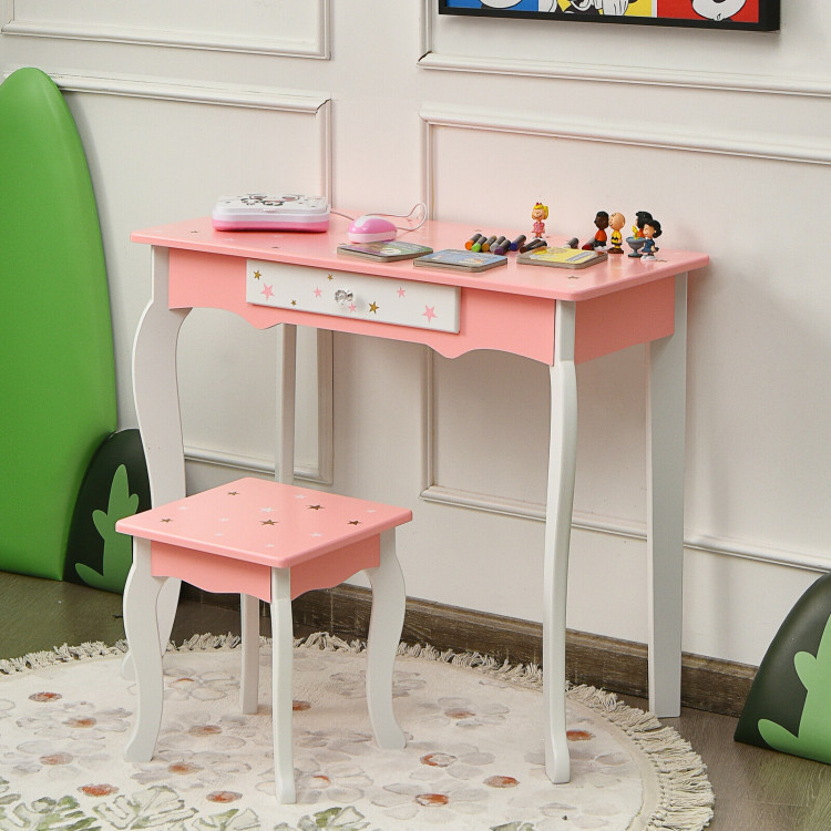 Kids Princess Vanity Table and Stool Set with Tri-folding Mirror and Drawer-PinkCostway Gallery View 7 of 12