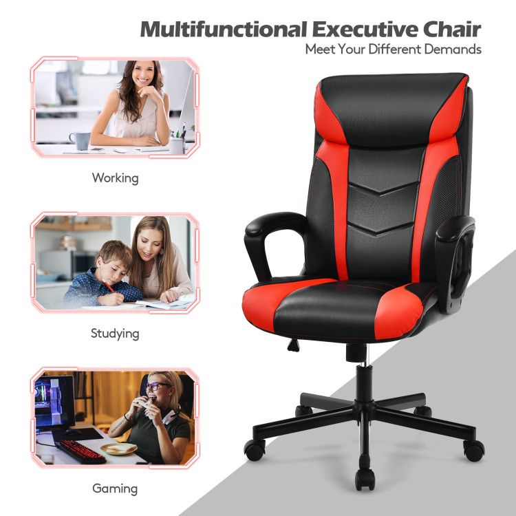 Swivel PU Leather Office Gaming Chair with Padded Armrest-RedCostway Gallery View 3 of 13