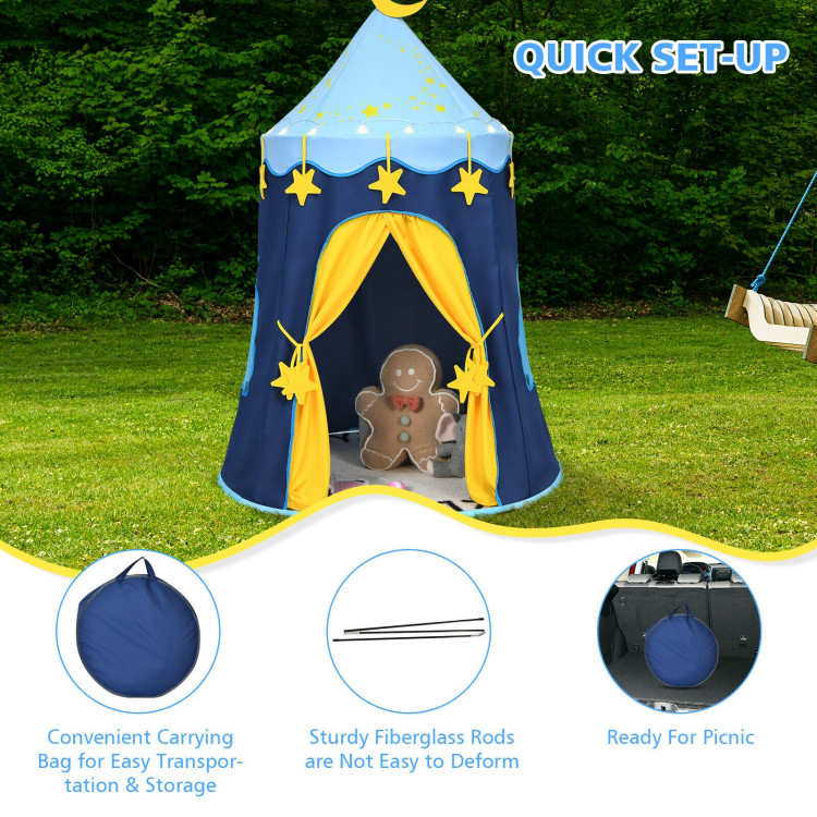 Indoor Outdoor Kids Foldable Pop-Up Play Tent with Star Lights Carry Bag-BlueCostway Gallery View 10 of 12