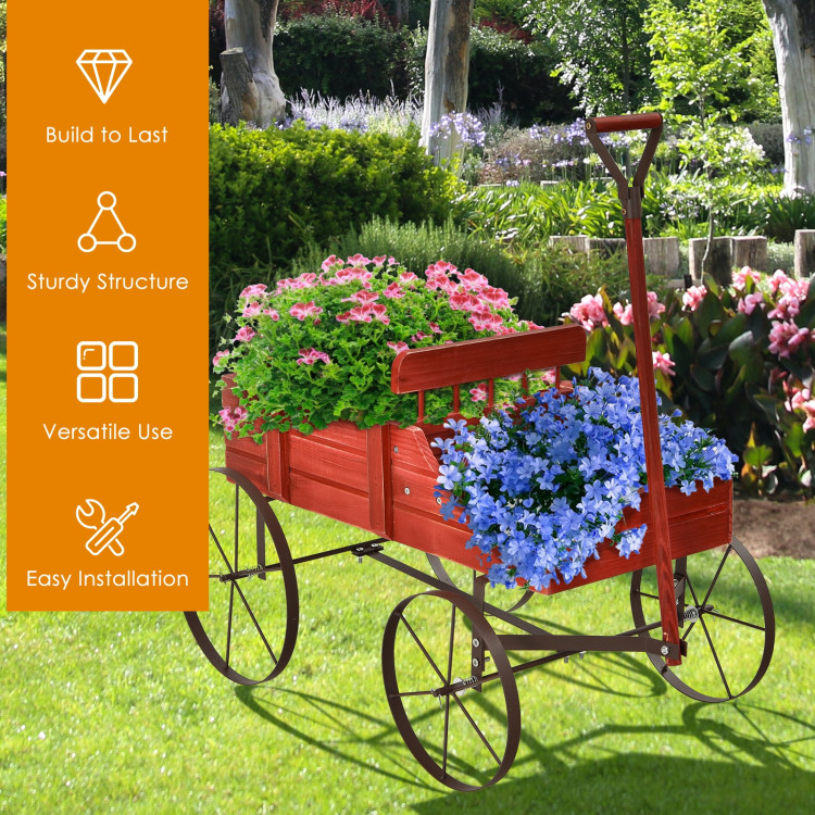 Wooden Wagon Plant Bed With Wheel for Garden Yard-RedCostway Gallery View 2 of 12