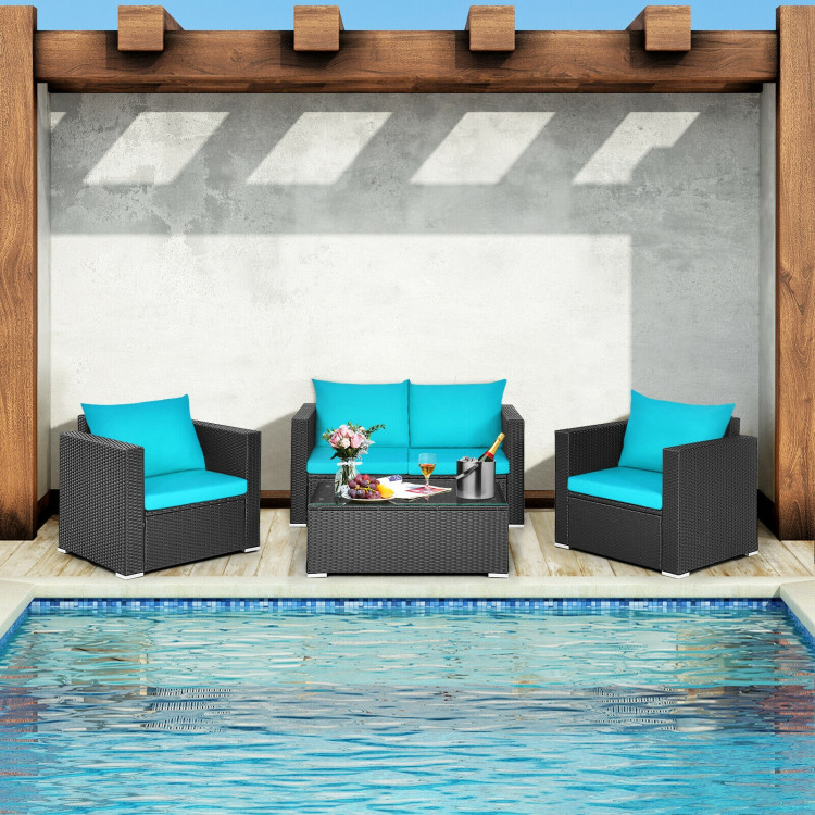4Pcs Patio Rattan Cushioned Furniture Set-TurquoiseCostway Gallery View 7 of 11