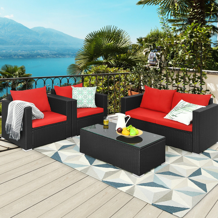 4 Pieces Patio Rattan Conversation Set with Padded Cushions - Gallery View 2 of 10