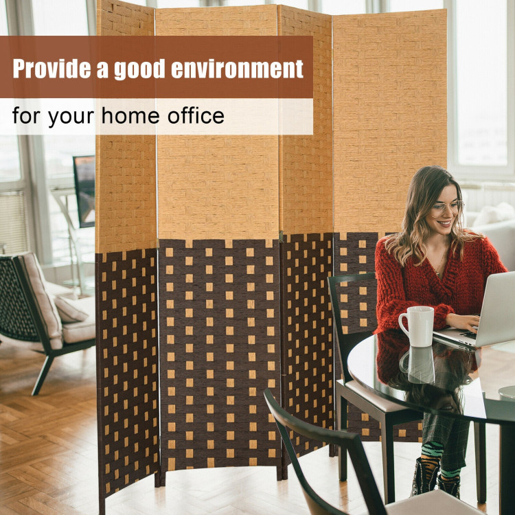 4 Panel Portable Folding Hand-Woven Wall Divider Suitable for Home Office-BrownCostway Gallery View 7 of 10