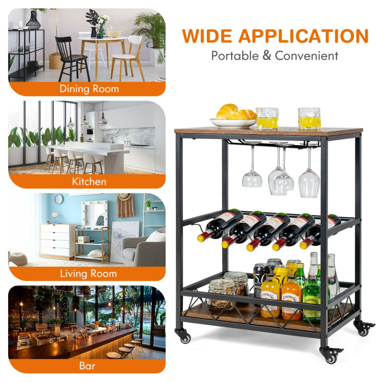 Kitchen Bar Cart Serving Trolley on Wheels with Wine Rack Glass Holder-Rustic BrownCostway Gallery View 5 of 11