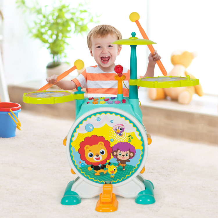 3 Pieces Electric Kids Drum Set with Microphone Stool PedalCostway Gallery View 2 of 12
