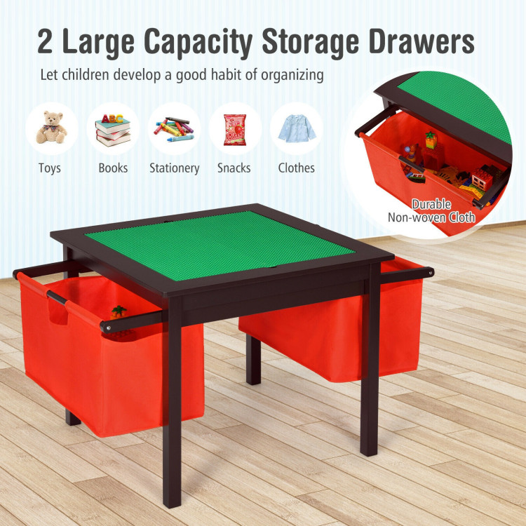 2-in-1 Kids Double-sided Activity Building Block Table with Drawers-BrownCostway Gallery View 5 of 12