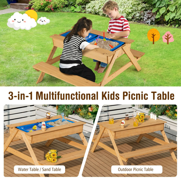 3-in-1 Kids Picnic Table Wooden Outdoor Water Sand Table with Play BoxesCostway Gallery View 2 of 10