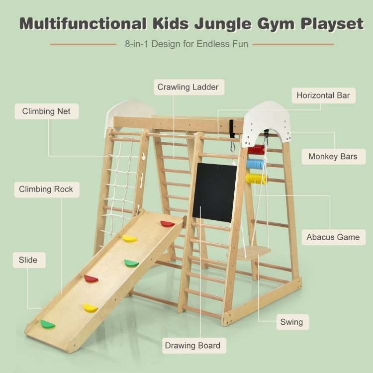Indoor Playground Climbing Gym Wooden 8-in-1 Climber Playset for Children-NaturalCostway Gallery View 6 of 10