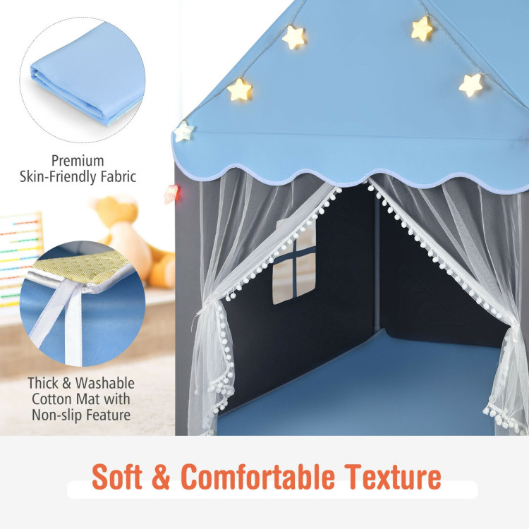 Kids Playhouse Tent with Star Lights and Mat-BlueCostway Gallery View 10 of 12