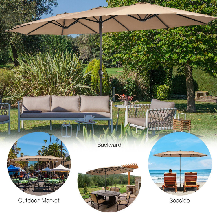15 Feet Double-Sided Twin Patio Umbrella with Crank and Base-BrownCostway Gallery View 3 of 11