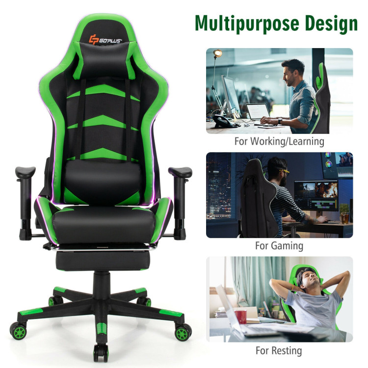 Massage LED Gaming Chair with Lumbar Support and Footrest-GreenCostway Gallery View 3 of 12