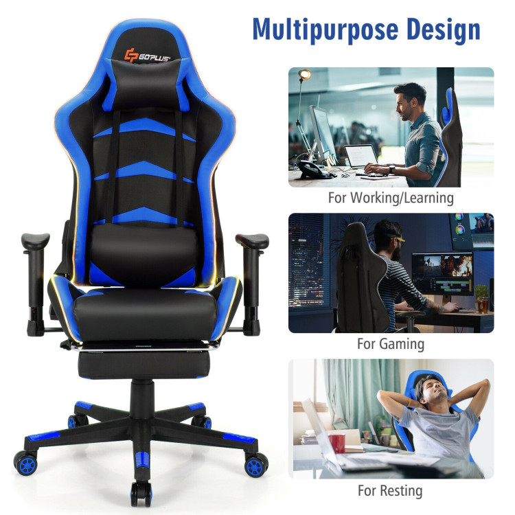 Massage LED Gaming Chair with Lumbar Support and Footrest-BlueCostway Gallery View 2 of 10