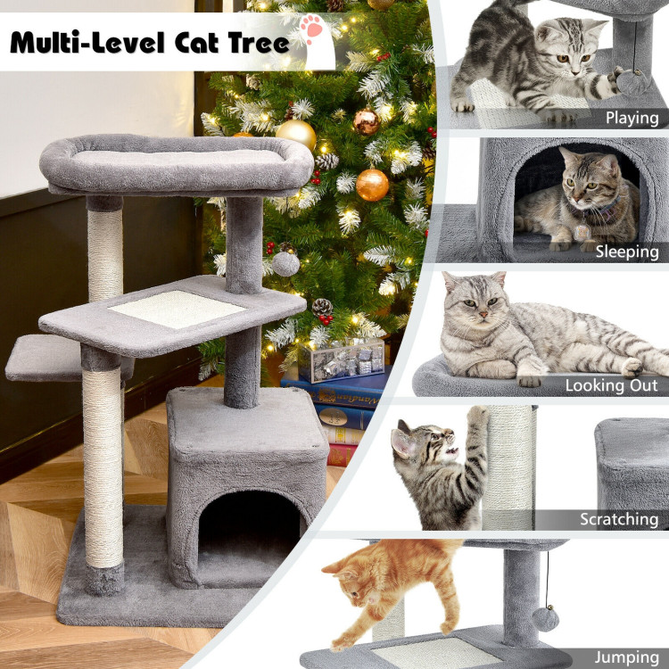 Cat Tree with Perch and Hanging Ball for Indoor Activity Play and Rest-GrayCostway Gallery View 3 of 10
