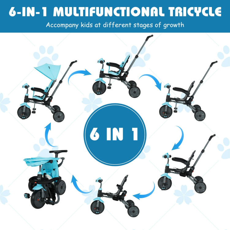 6-in-1 Foldable Baby Tricycle Toddler Stroller with Adjustable Handle-BlueCostway Gallery View 5 of 10