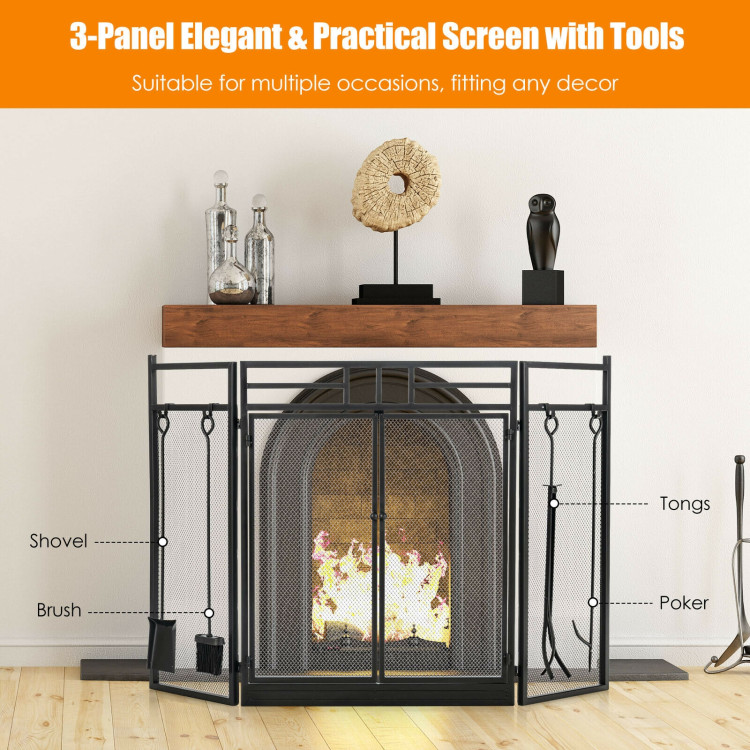3-Panel Folding Wrought Iron Fireplace Screen with Doors and 4 Pieces Tools Set-BlackCostway Gallery View 9 of 10