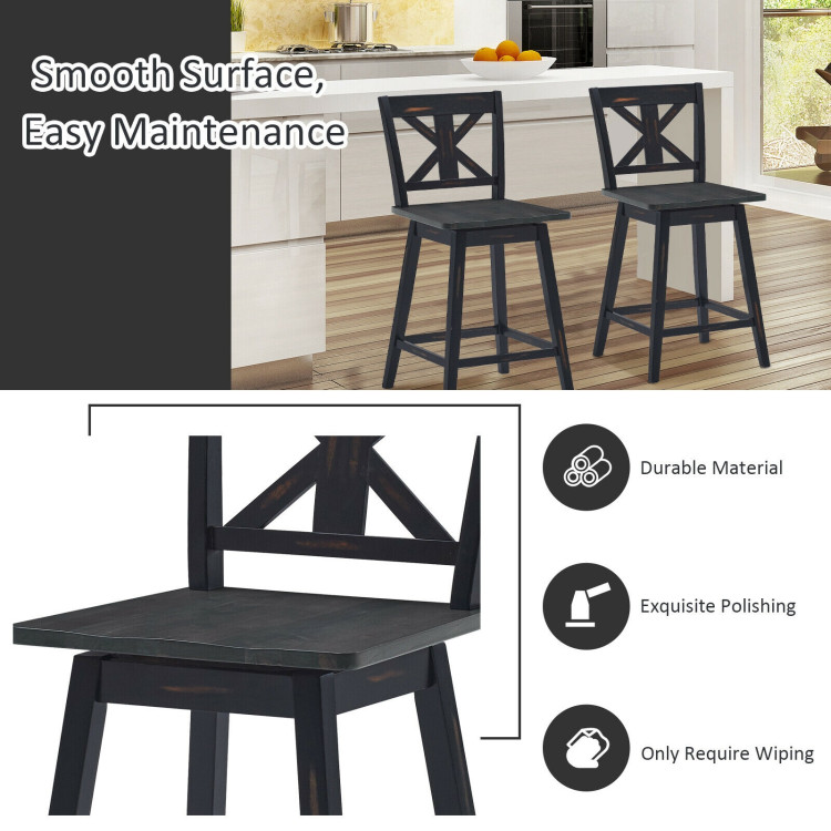 Set of 2 Swivel Counter Height Bar Stools with Solid Wood Legs-BlackCostway Gallery View 5 of 9