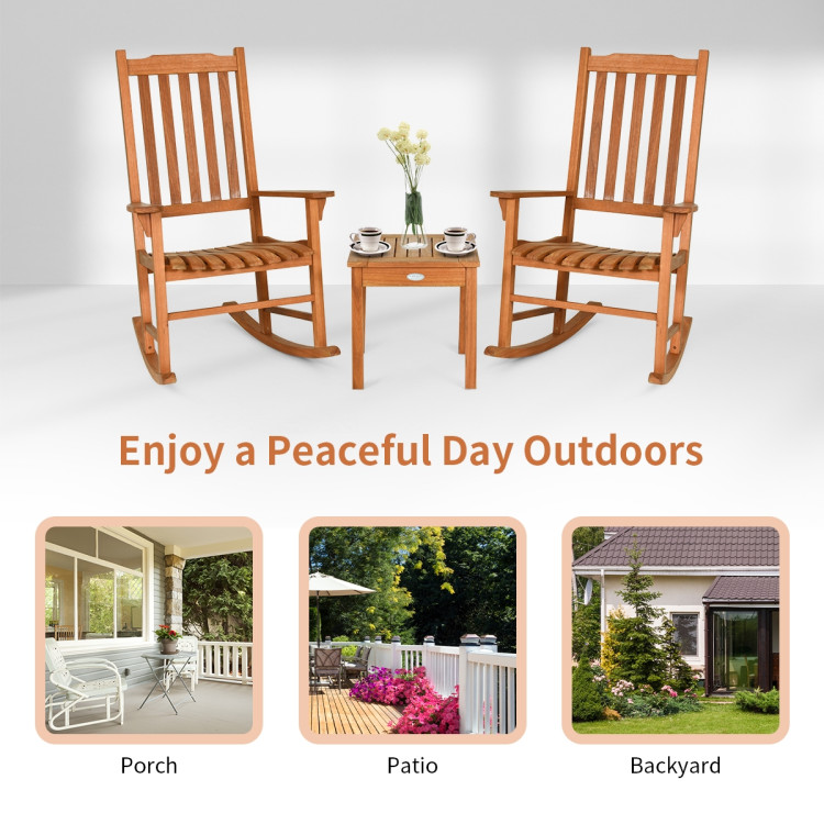 3 Pieces Eucalyptus Rocking Chair Set with Coffee Table Costway Gallery View 6 of 10