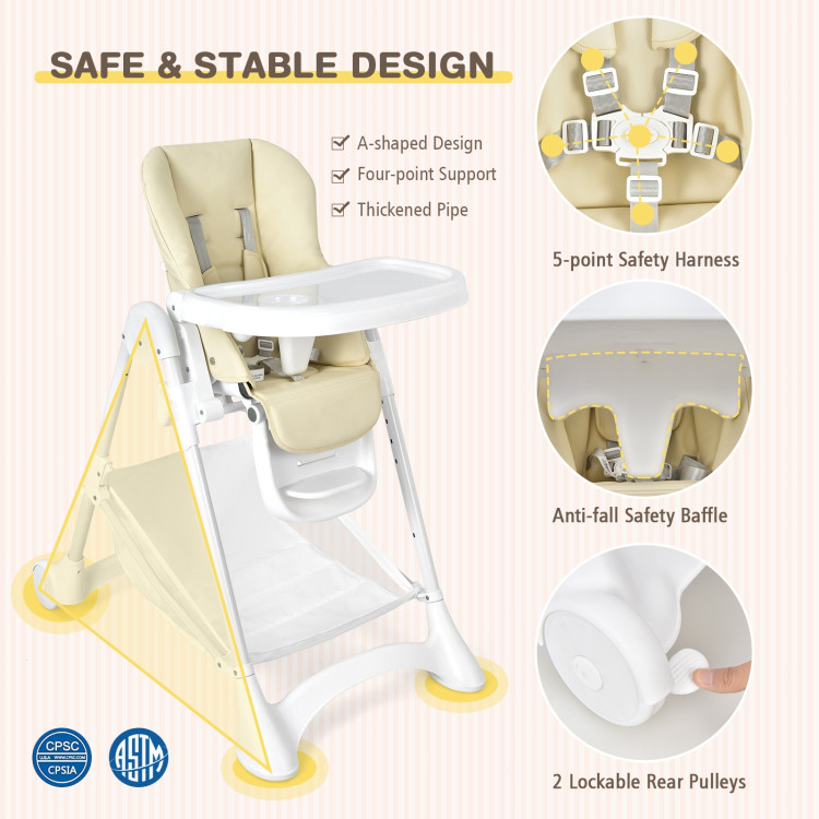 Baby Convertible Folding Adjustable High Chair with Wheel Tray Storage Basket -BeigeCostway Gallery View 6 of 14