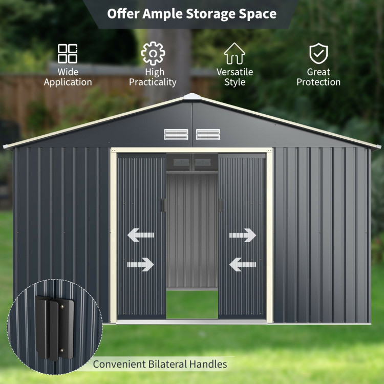 11 x 8 Feet Metal Storage Shed for Garden and Tools with 2 Lockable Sliding Doors-GrayCostway Gallery View 3 of 12
