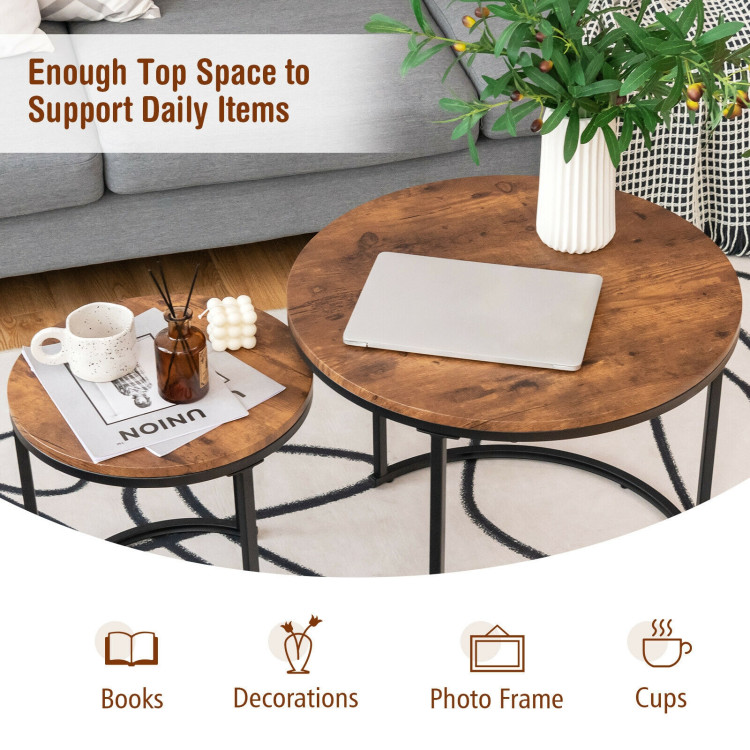 Set of 2 Modern Round Stacking Nesting Coffee Tables for Living Room-Rustic BrownCostway Gallery View 2 of 12