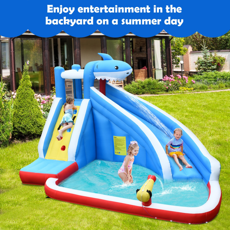 Inflatable Shark Bounce House with Water Slide and Climbing Wall without BlowerCostway Gallery View 5 of 9