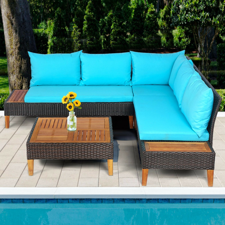 4 Pieces Patio Cushioned Rattan Furniture Set with Wooden Side Table-TurquoiseCostway Gallery View 7 of 9