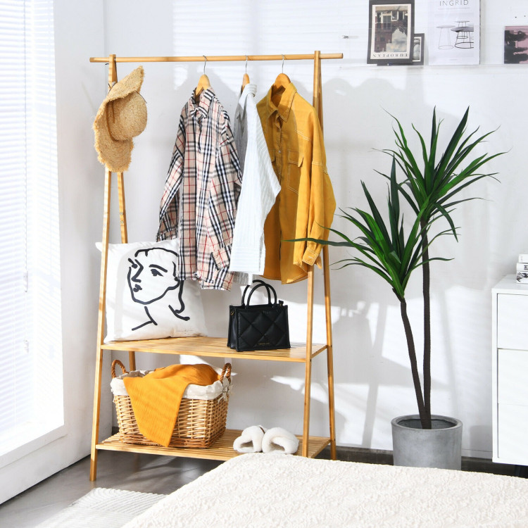 Bamboo Clothes Hanging Rack with 2-Tier Storage Shelf for Entryway Bedroom-NaturalCostway Gallery View 5 of 10