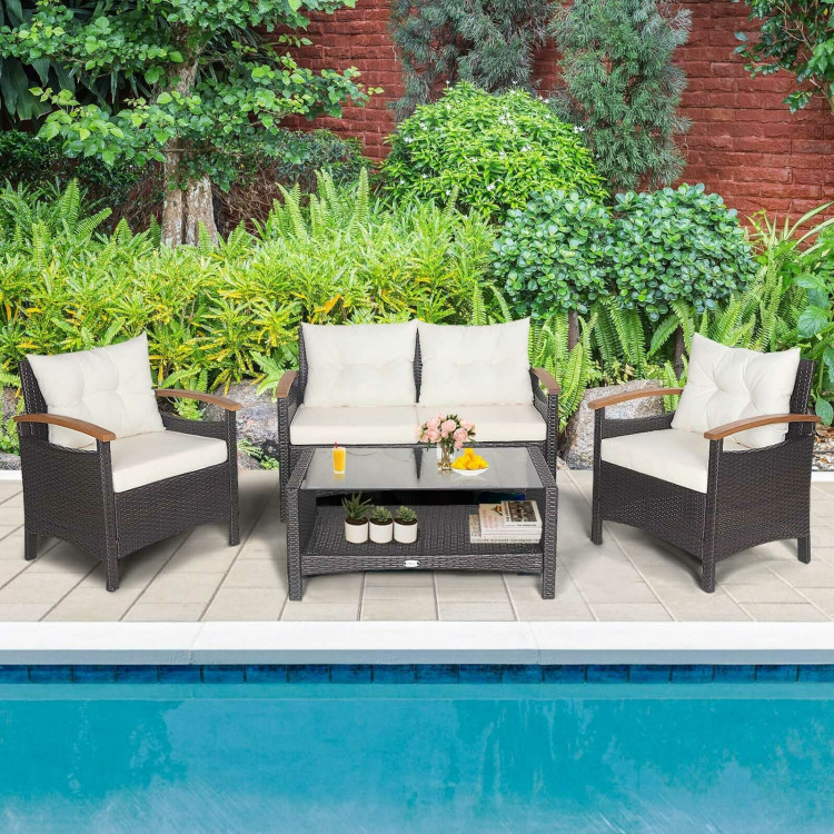 4 Pieces Patio Rattan Furniture Set with Cushioned Sofa and Storage Table-WhiteCostway Gallery View 8 of 11