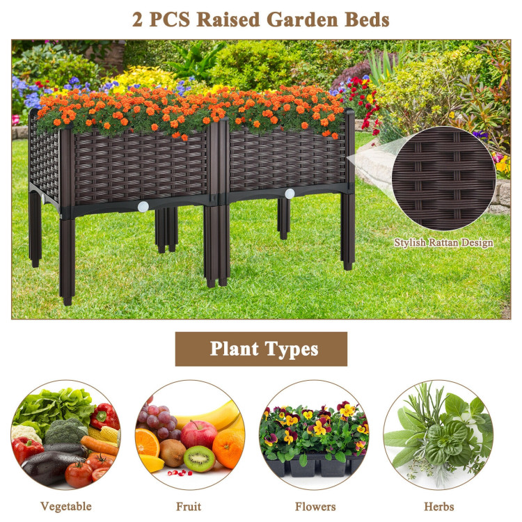2 Set Elevated Plastic Raised Garden Bed Planter Kit for Flower Vegetable Grow-BrownCostway Gallery View 3 of 10