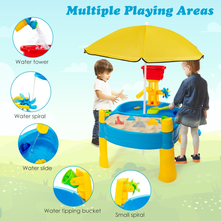 Kids Sand and Water Table for Toddlers with Umbrella and 18 Pieces Accessory SetCostway Gallery View 8 of 9