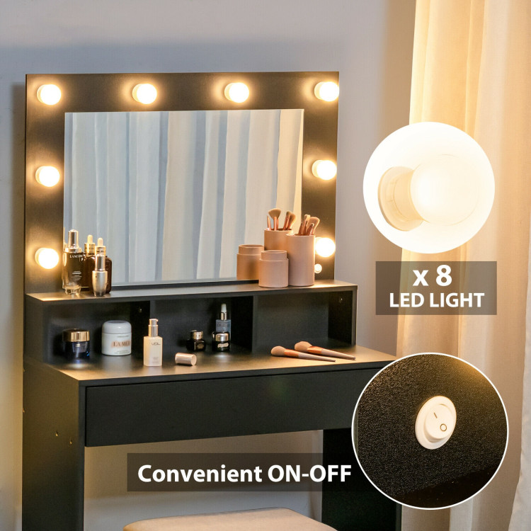 Vanity Table Set with Lighted Mirror and Cushion Stool-BlackCostway Gallery View 9 of 11