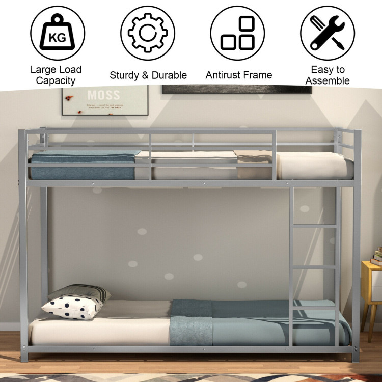 Sturdy Metal Bunk Bed Frame Twin Over Twin with Safety Guard Rails and Side Ladder-SilverCostway Gallery View 3 of 13