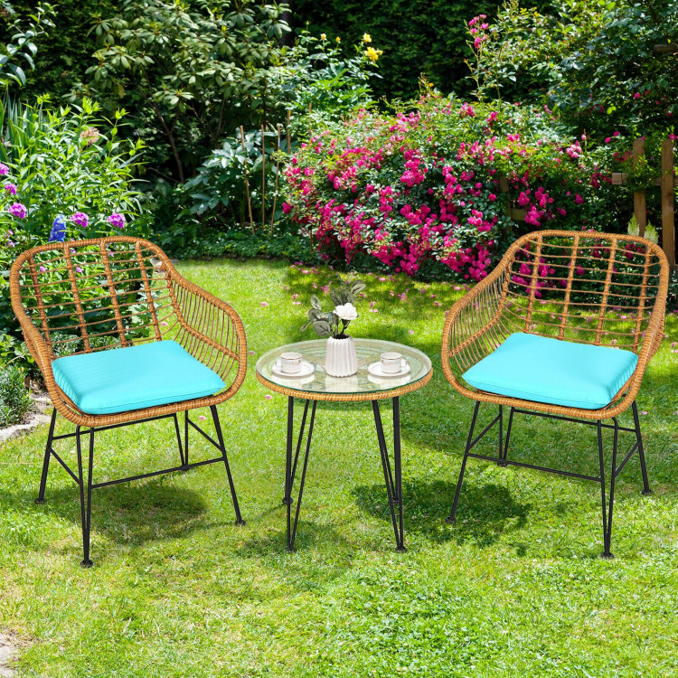 3 Pieces Rattan Furniture Set with Cushioned Chair Table-TurquoiseCostway Gallery View 2 of 11