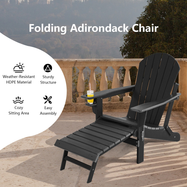 Patio All-Weather Folding Adirondack Chair with Pull-Out Ottoman-BlackCostway Gallery View 3 of 10