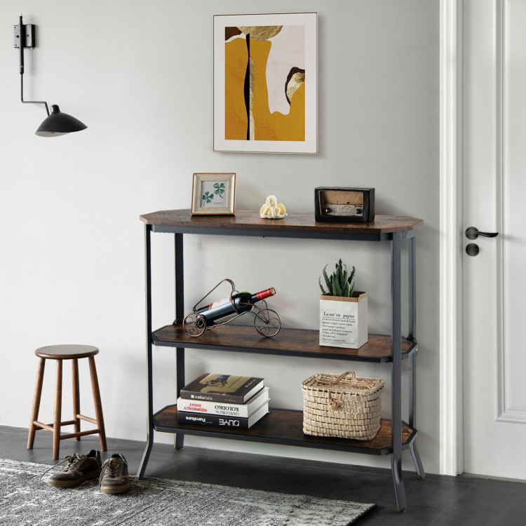 3-Tier Steel Frame Entryway Sofa Console Table for Hallway and Living Room-Rustic BrownCostway Gallery View 2 of 10