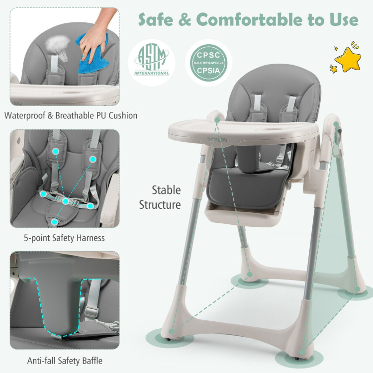 Baby Folding High Chair Dining Chair with Adjustable Height and Footrest-GrayCostway Gallery View 10 of 11