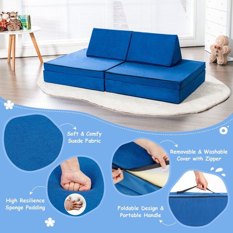 4-Piece Convertible Kids Couch Set with 2 Folding Mats-BlueCostway Gallery View 10 of 10