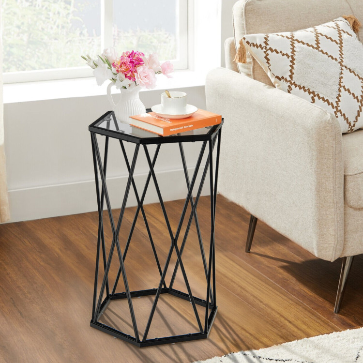 Hexagonal Accent End Table with Tempered Glass Top and Metal FrameCostway Gallery View 2 of 10